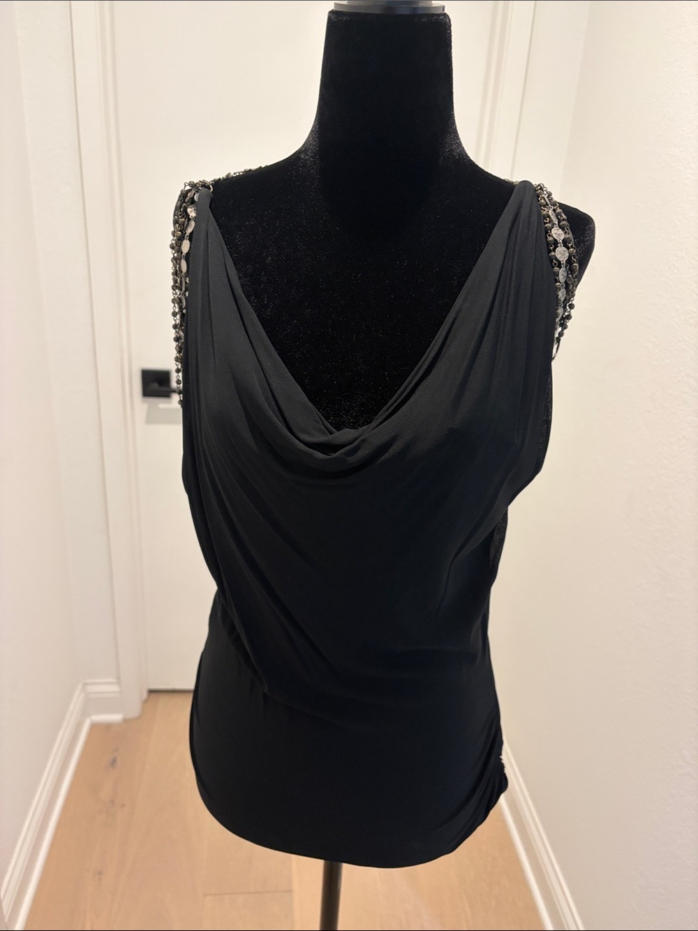 Development  Black Beaded-Strap Cowl Neck Women's Top